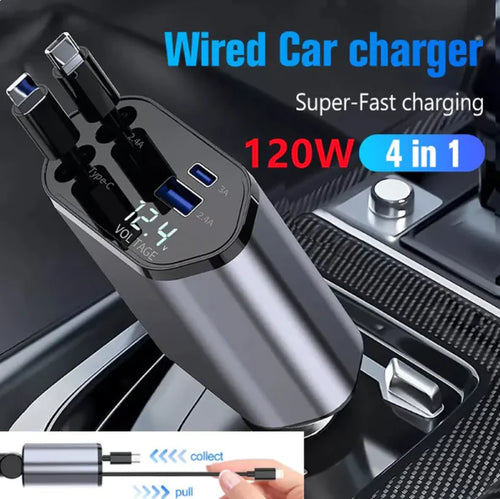 120W Retractable Car Charger with USB & Type-C Fast Charging Cables