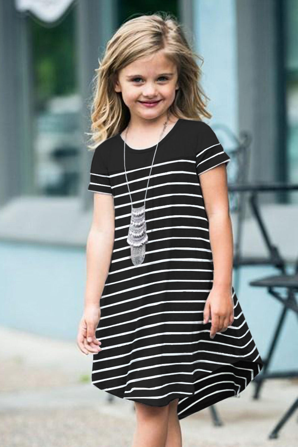 Black Colorblock Patchwork Striped Girls’ Dress